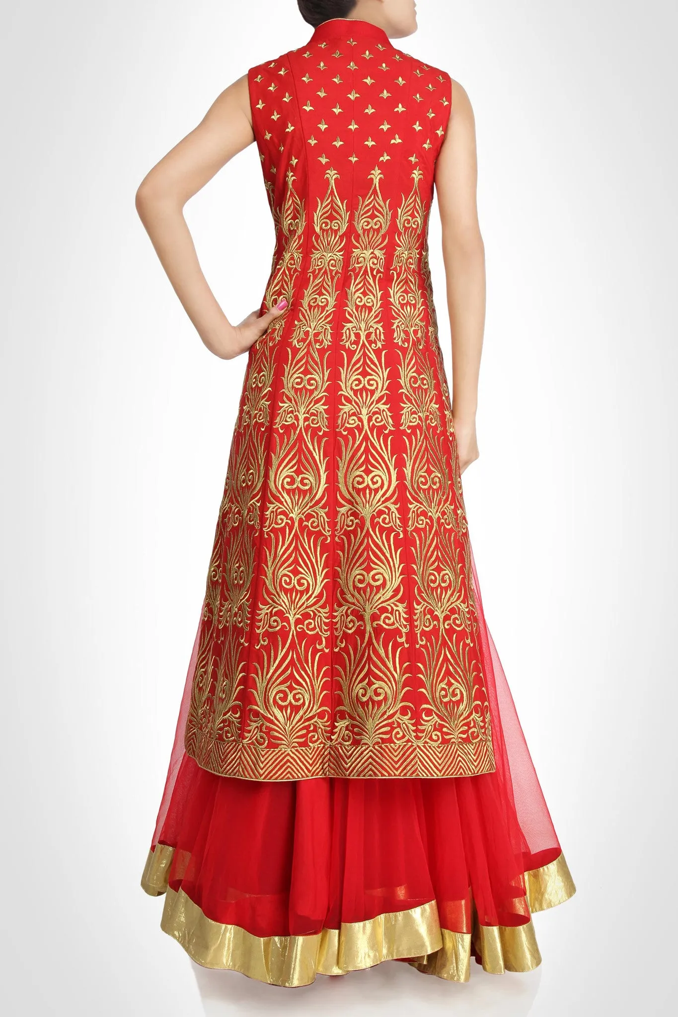 Red color Long Jacket lehenga available online