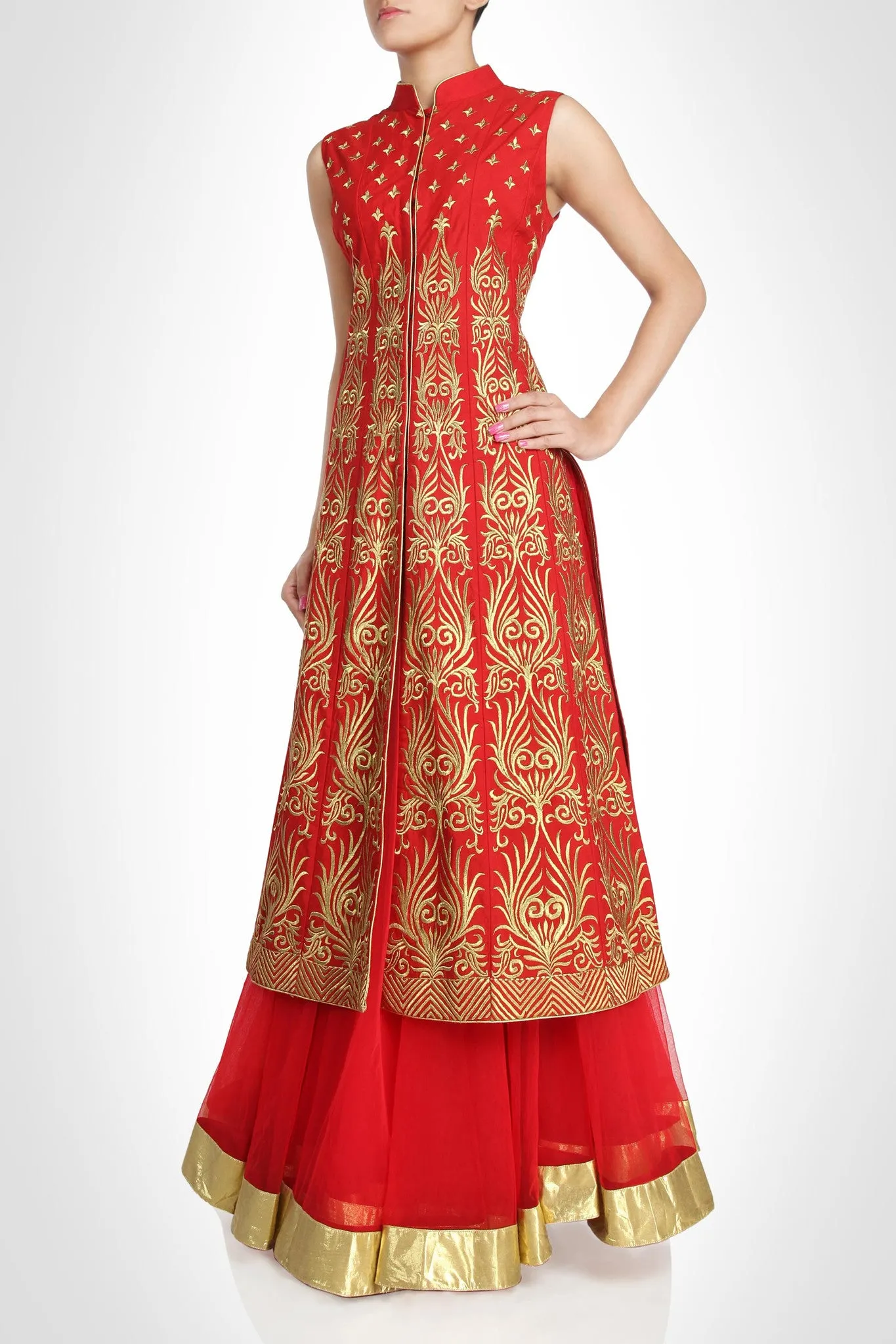Red color Long Jacket lehenga available online