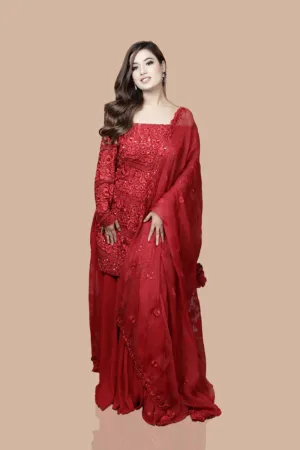 Red Hand Embroidered Kurta With Sharara  Set