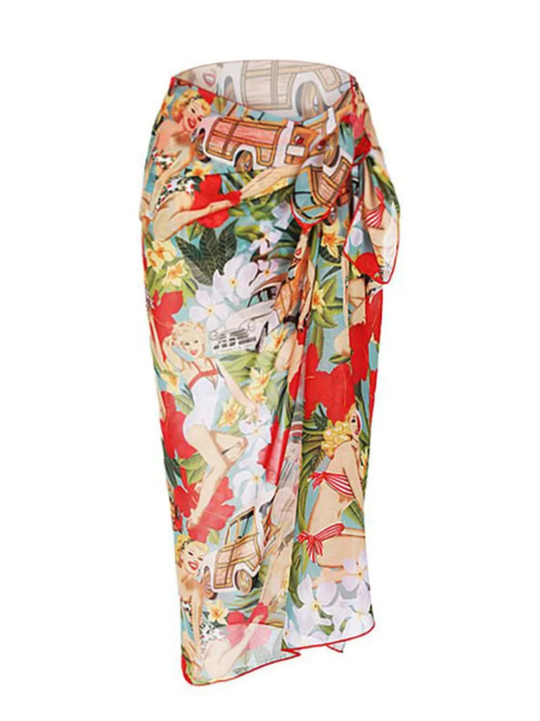Red Retro Poster Print One Piece With Bathing Suit Wrap Skirt
