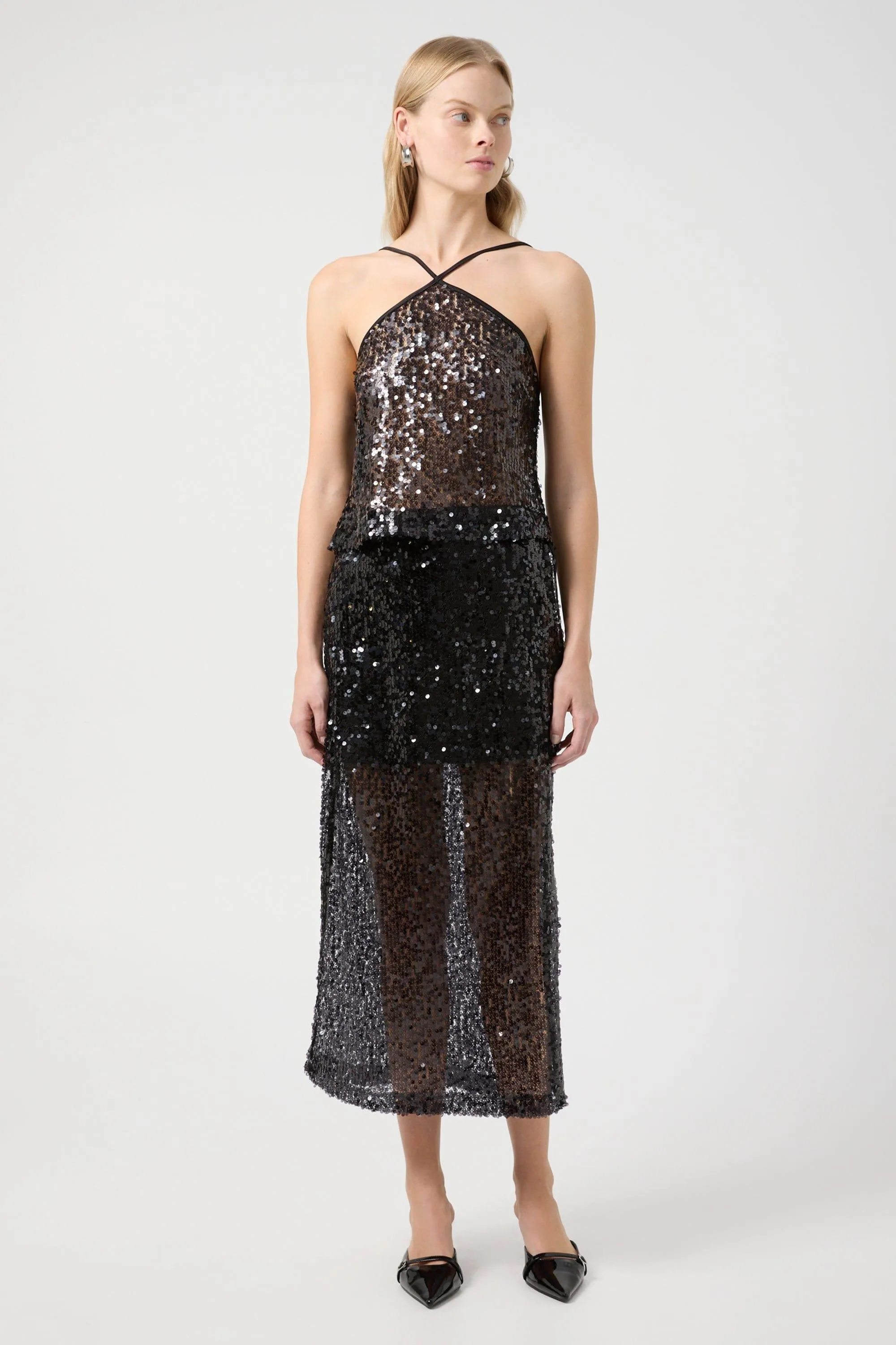 REFLECTION SEQUIN MIDI SKIRT | BLACK