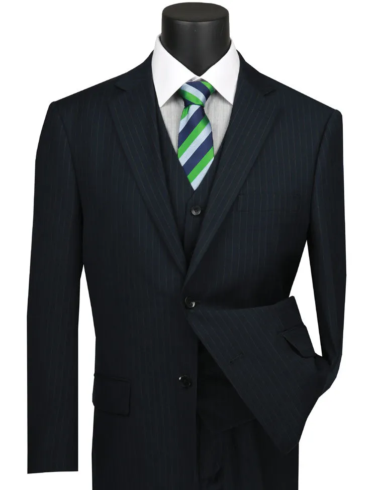 Regular Fit 3 Piece Suit 2 Button Tone on Tone Stripe (Navy) V2RS-7