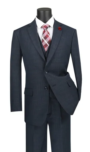 Regular Fit Glen Plaid 3 Piece Suit (Blue) V2RW-15