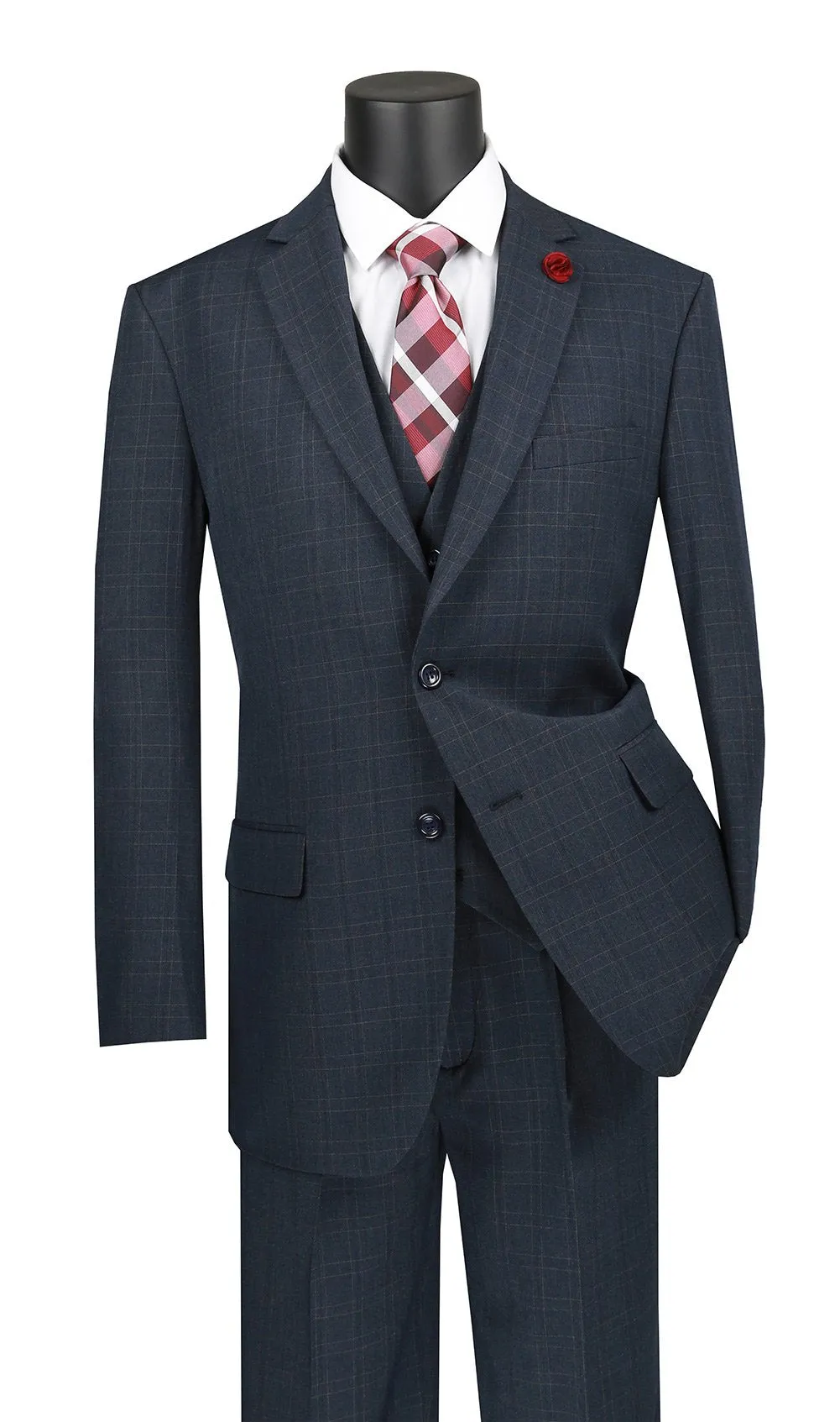 Regular Fit Glen Plaid 3 Piece Suit (Blue) V2RW-15
