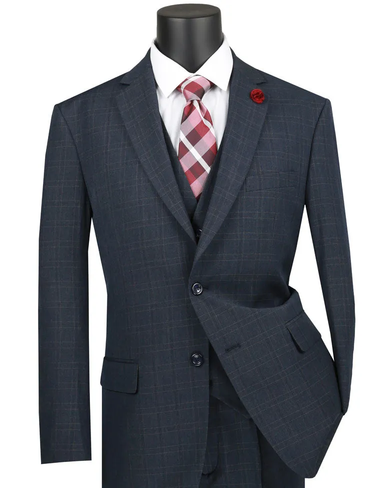 Regular Fit Glen Plaid 3 Piece Suit (Blue) V2RW-15