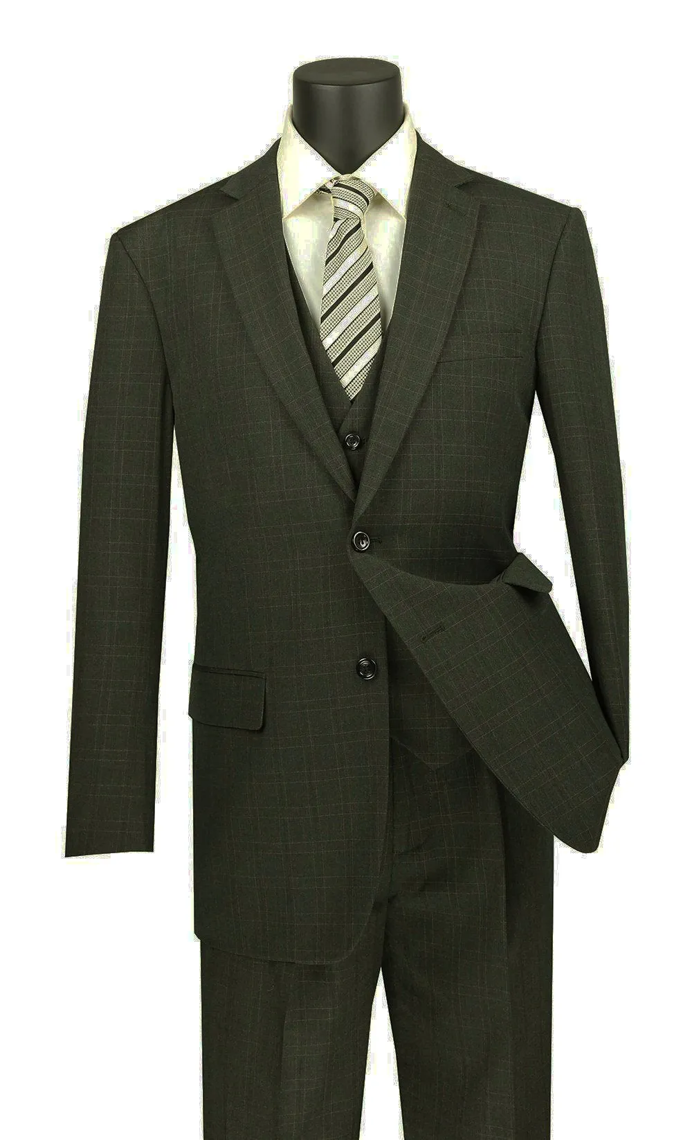 Regular Fit Glen Plaid 3 Piece Suit (Olive) V2RW-15