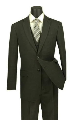 Regular Fit Glen Plaid 3 Piece Suit (Olive) V2RW-15