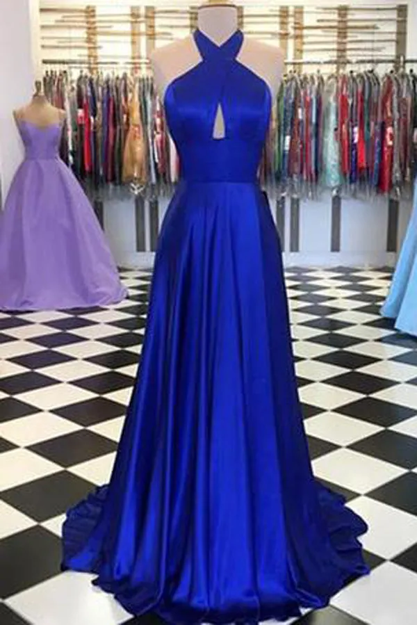Royal Blue Round Neck Satin Prom Dresses A-line Long Formal Dress,MP492