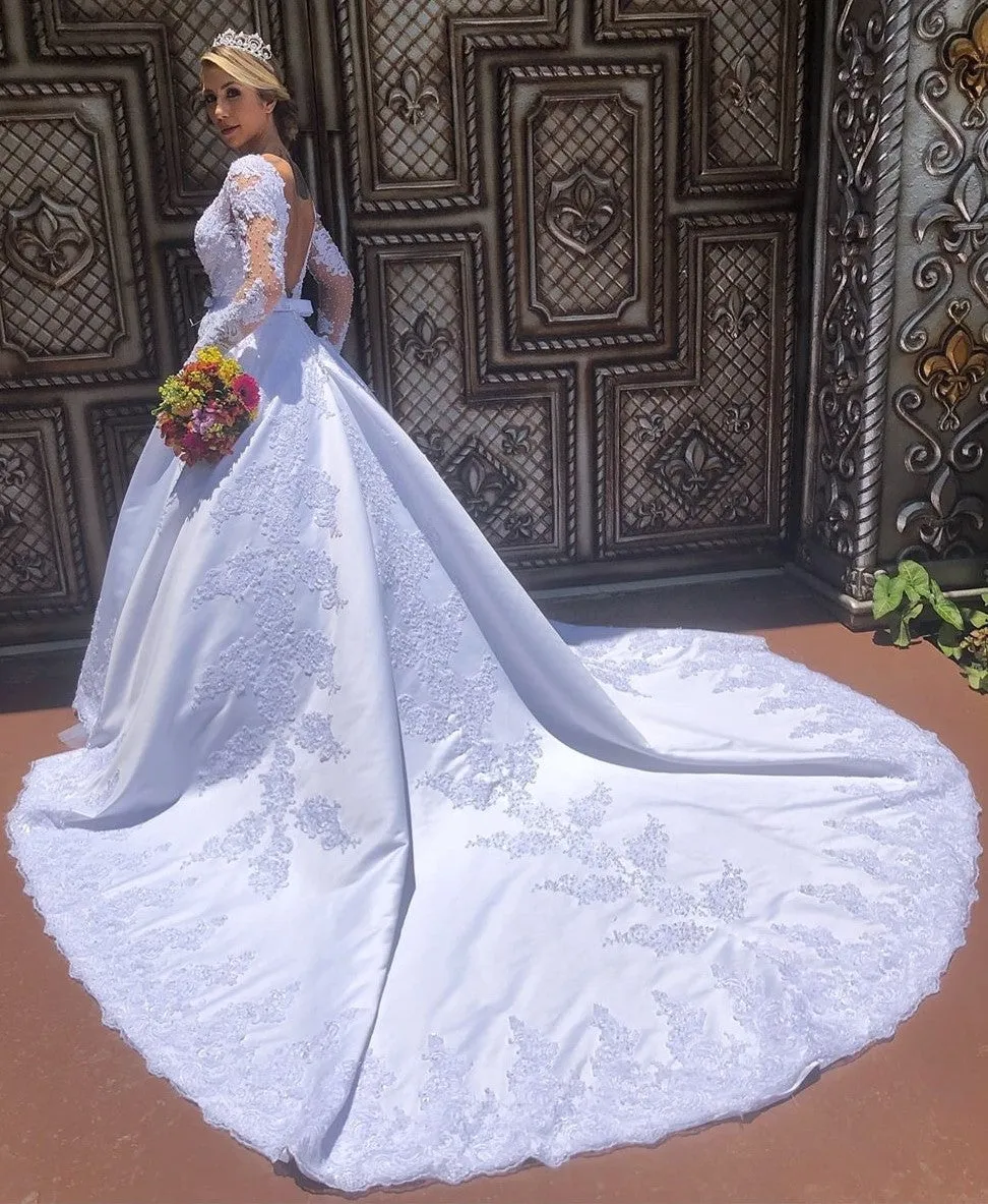 Royal Train Satin Wedding Gown with Lace Long Sleeves