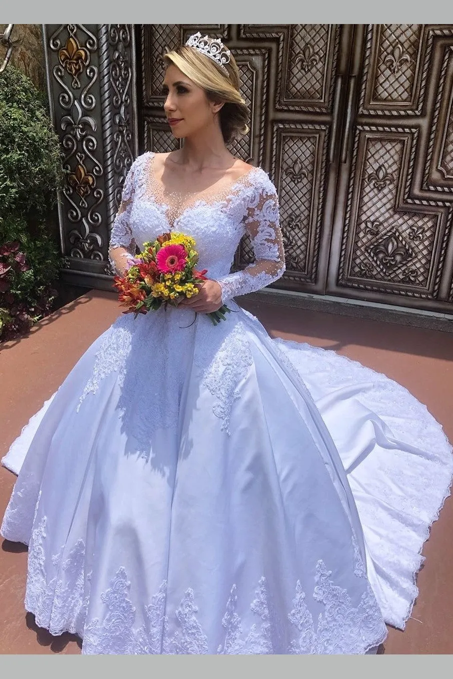 Royal Train Satin Wedding Gown with Lace Long Sleeves