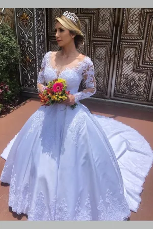 Royal Train Satin Wedding Gown with Lace Long Sleeves