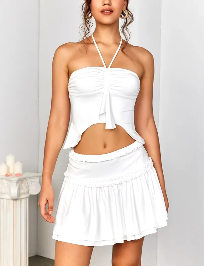 Ruffled Hem Skirt   Halter Backless Ruched Top Set