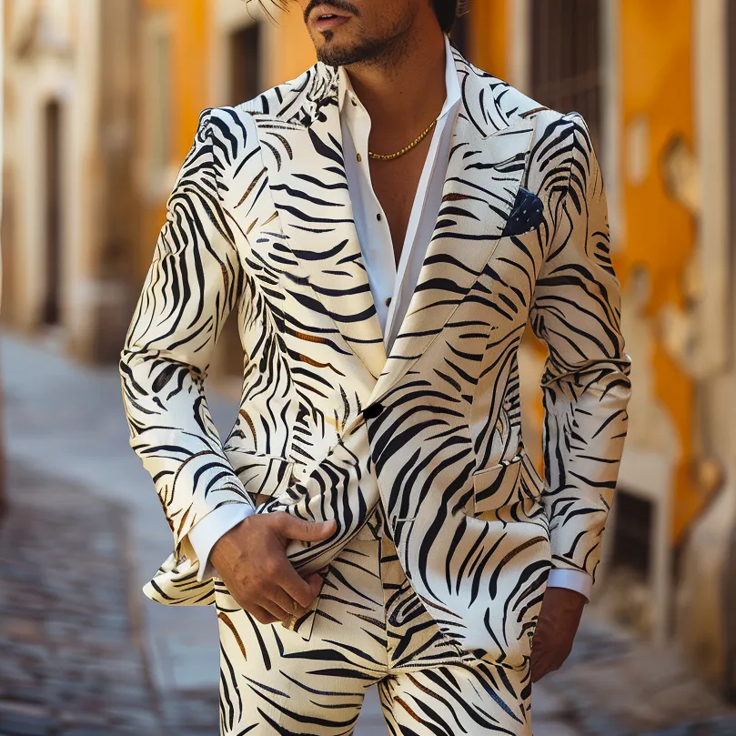 Rulercosplay Flame Mens 2 Piece Print Suit Floral Dress Jacket Slim 2 Button Blazer Pants For Party