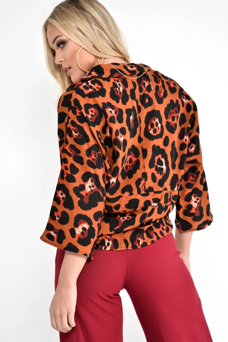 Rust Leopard Print Tie Waist Blouse - Kimaya