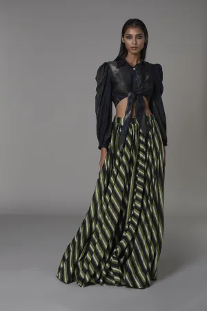 Saaksha & KinniÂ    I   Olive black stripe knot shirt  Green stripe lehenga Blouse - Cotton Silk  Lehenga - Chanderi Blouse - Olive Black  Trousers - Green / Black   SS22077    SS22078