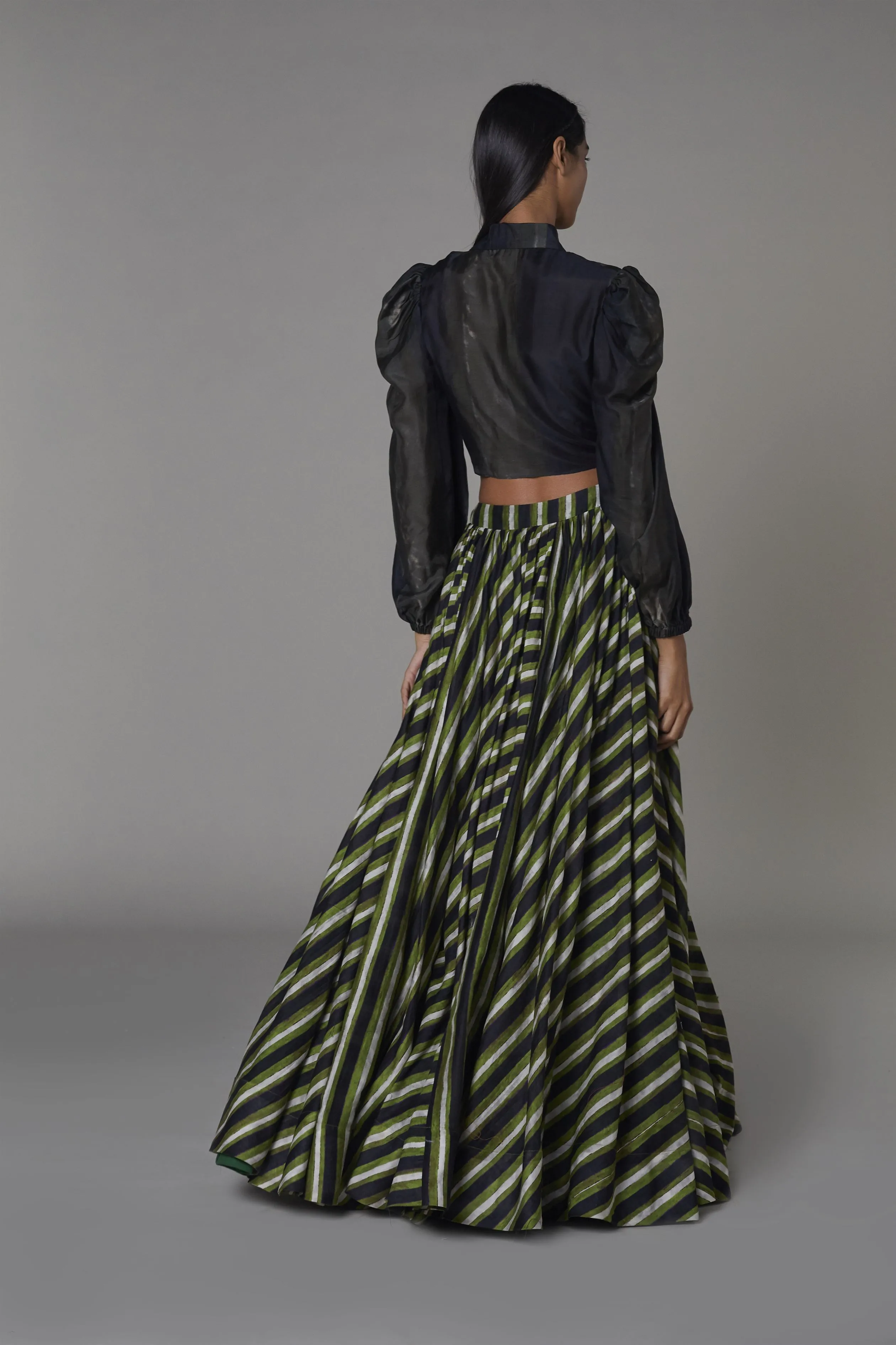 Saaksha & KinniÂ    I   Olive black stripe knot shirt  Green stripe lehenga Blouse - Cotton Silk  Lehenga - Chanderi Blouse - Olive Black  Trousers - Green / Black   SS22077    SS22078