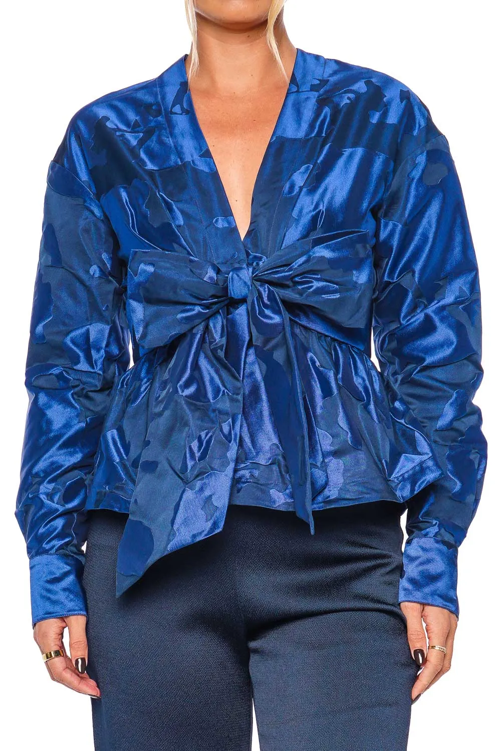 Saanvi Navy Jacquard Long Sleeve Blouse