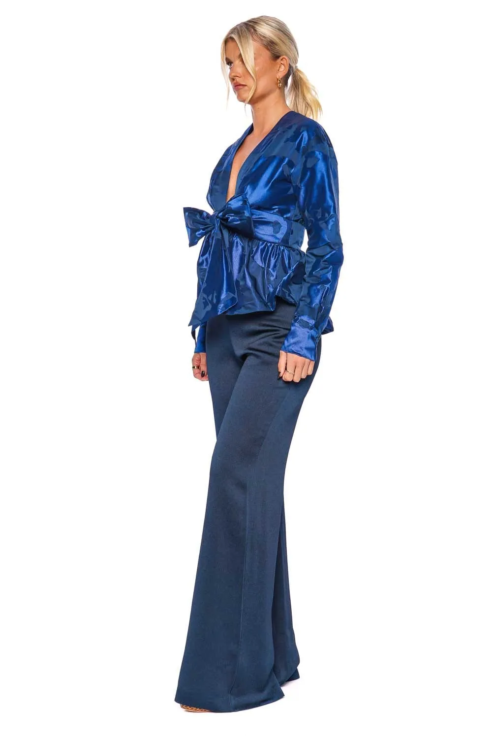 Saanvi Navy Jacquard Long Sleeve Blouse