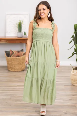 Sage Smocked Bodice Tiered Skirt Maxi Dress