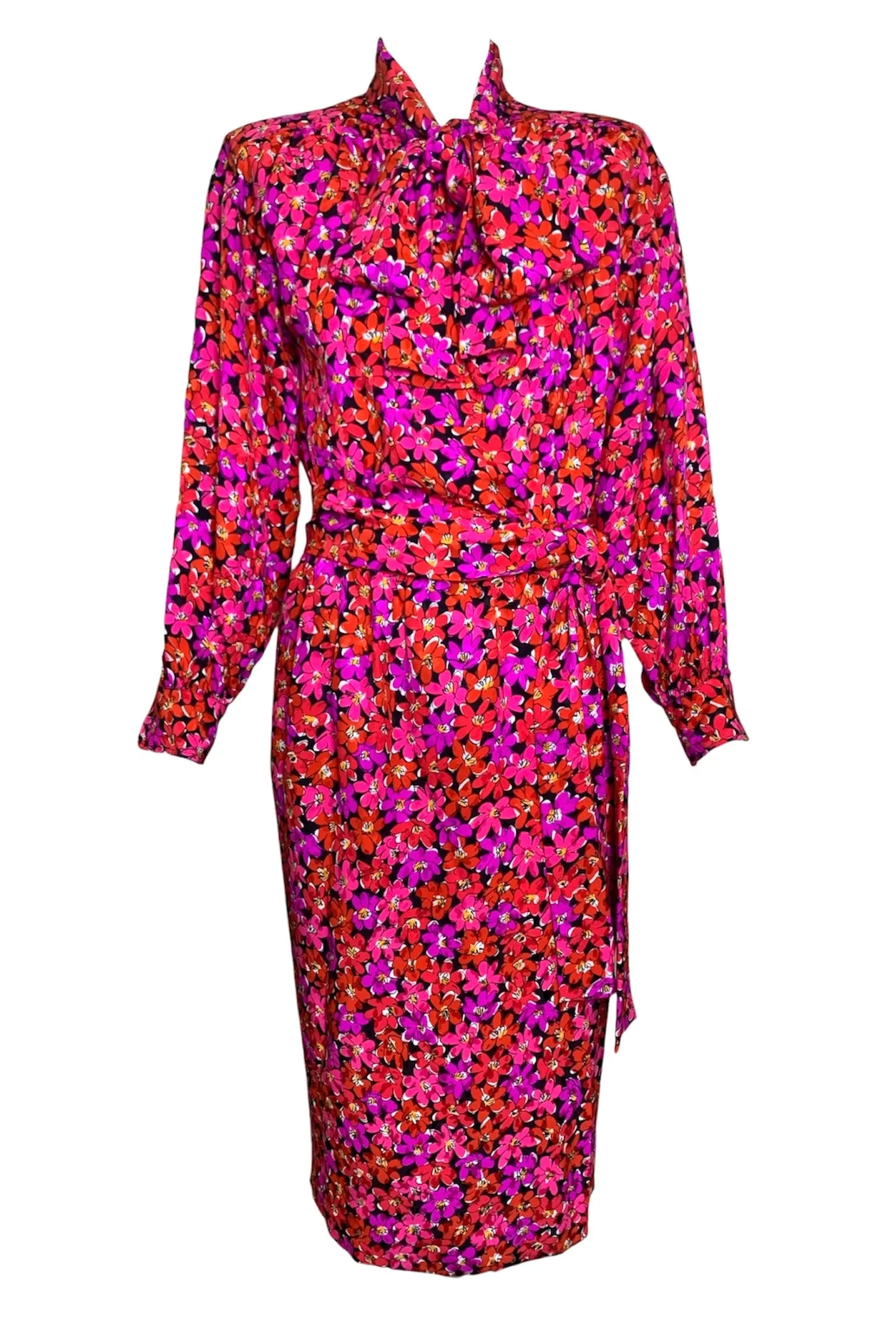 Saint Laurent 1989 Magenta Silk Floral Print Dress Ensemble