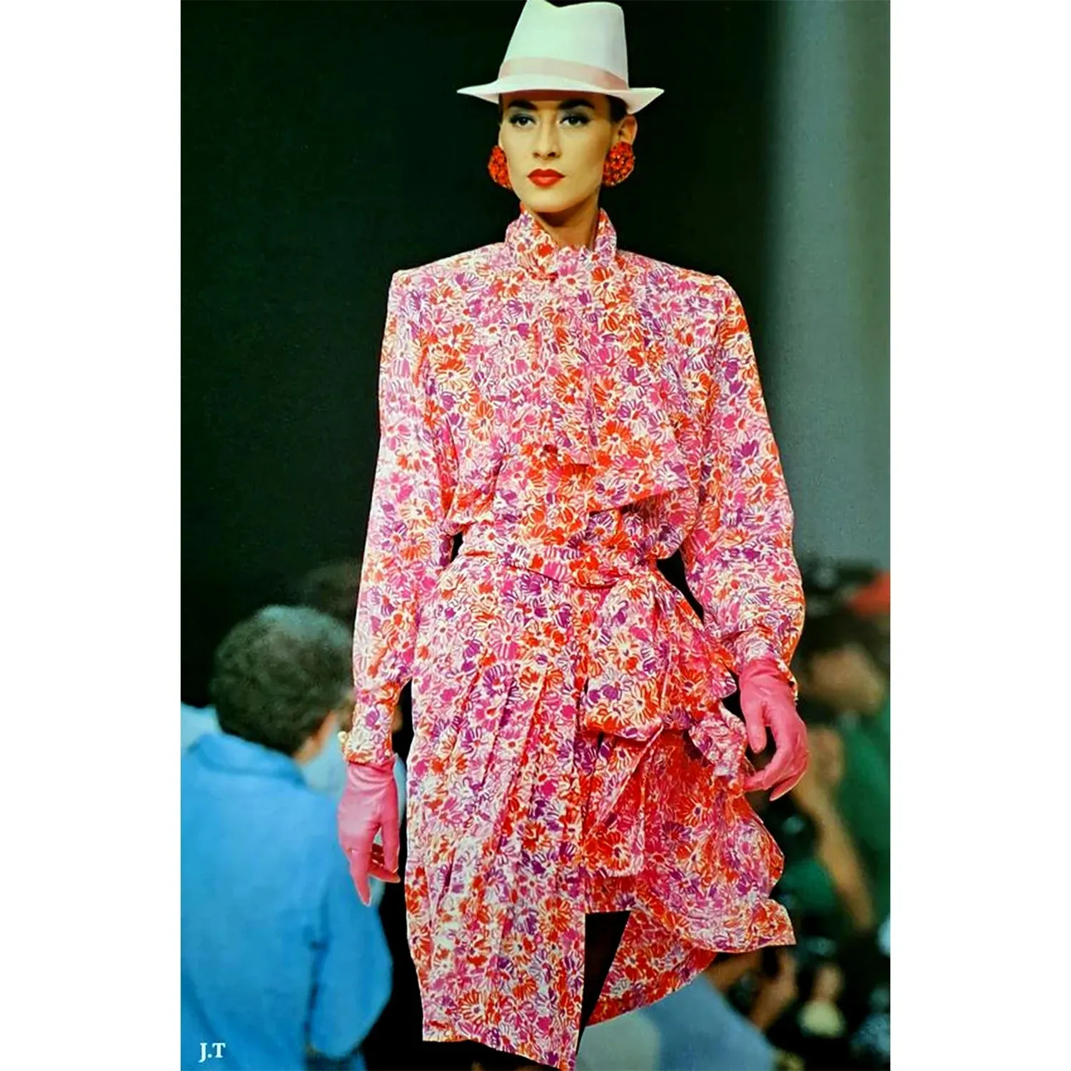 Saint Laurent 1989 Magenta Silk Floral Print Dress Ensemble