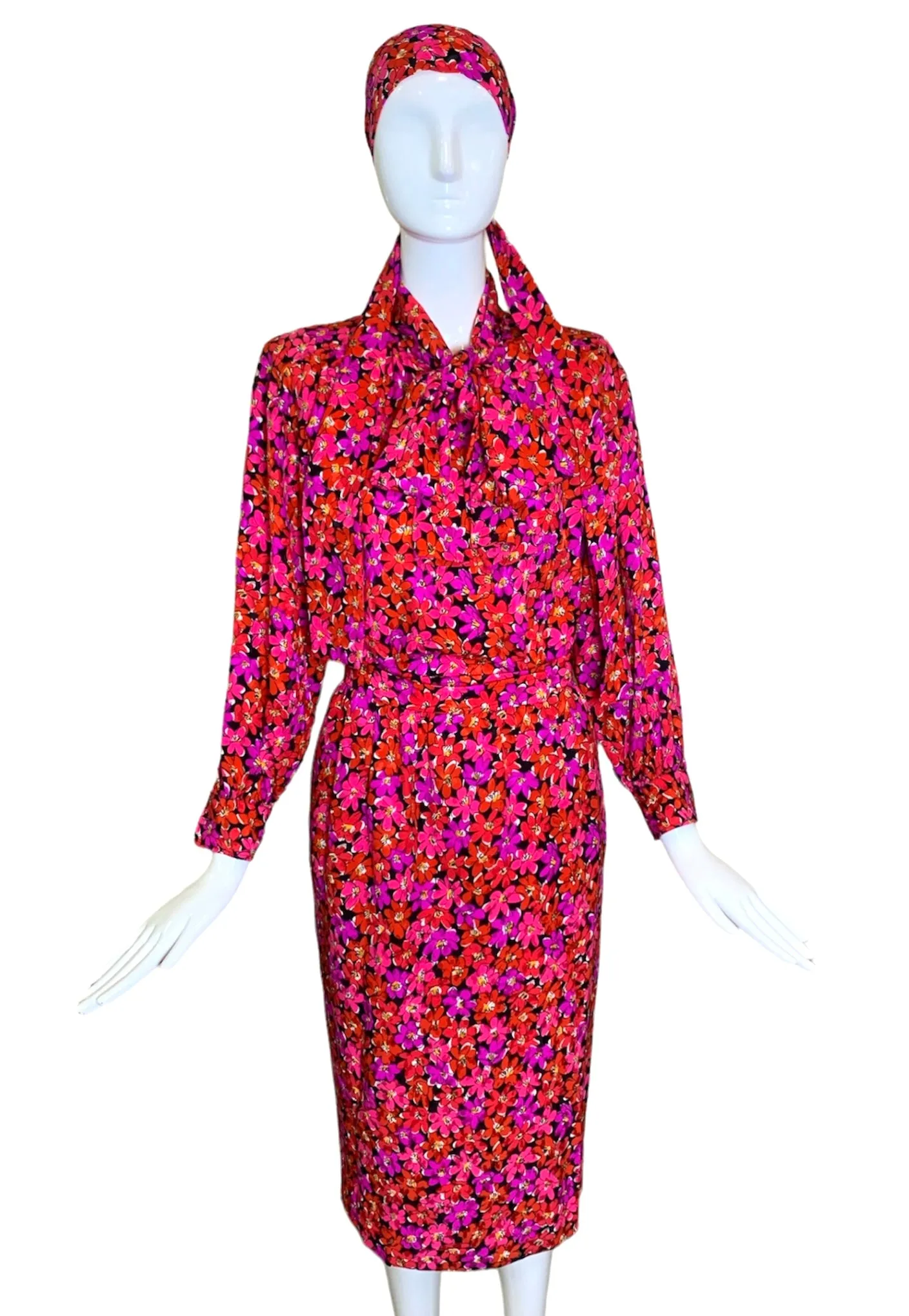 Saint Laurent 1989 Magenta Silk Floral Print Dress Ensemble