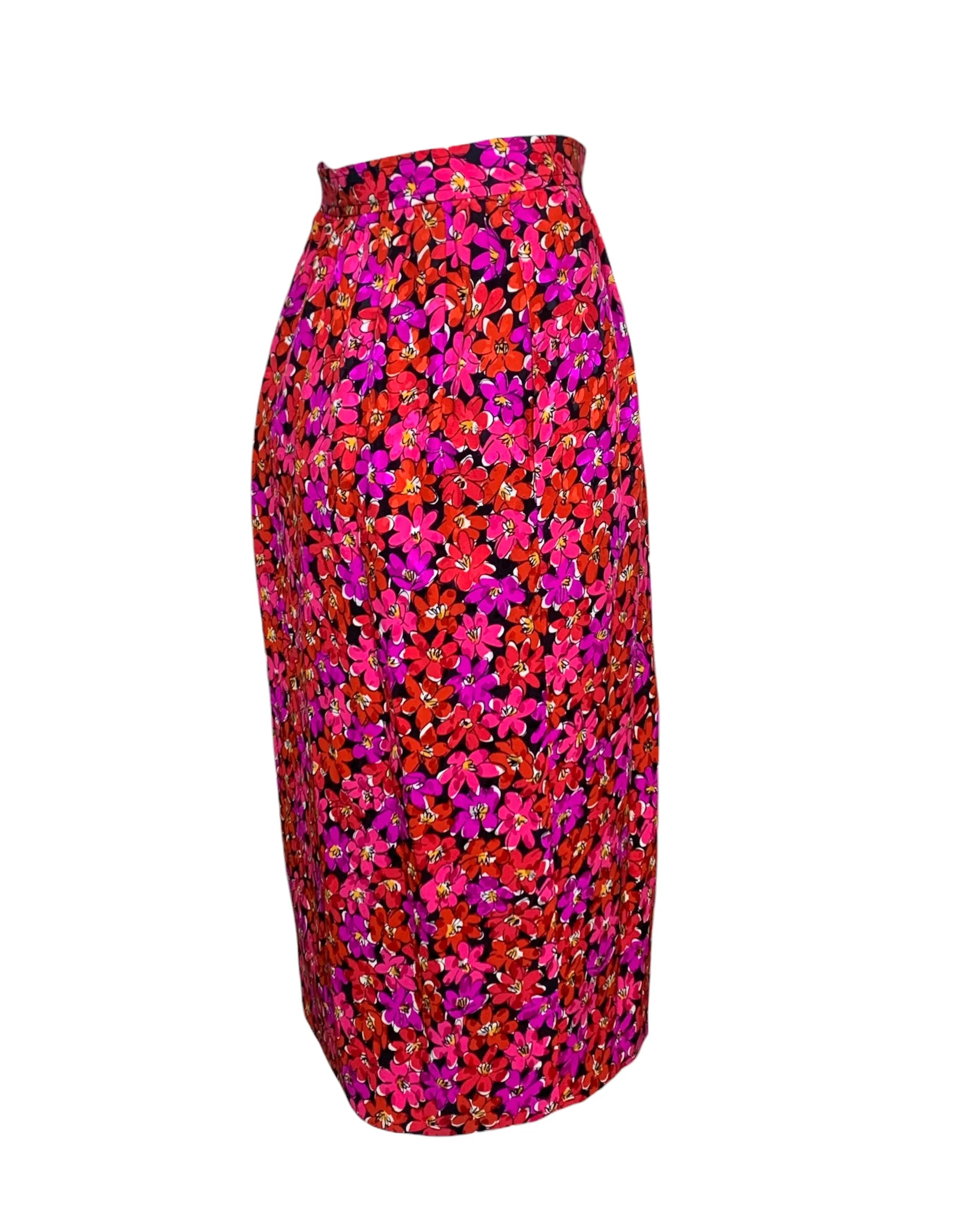 Saint Laurent 1989 Magenta Silk Floral Print Dress Ensemble