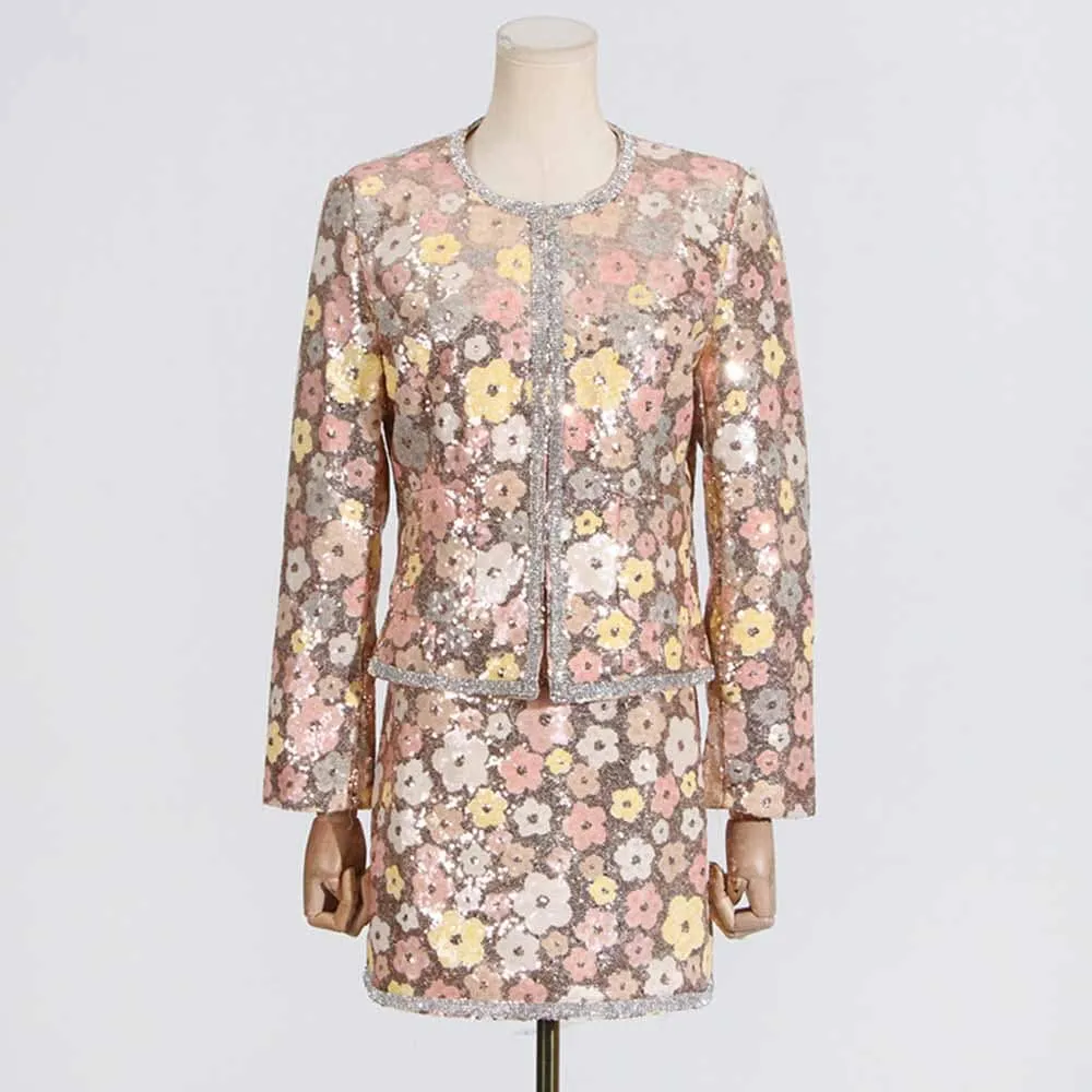 Sequin Floral Paradise Long Sleeve Skirt Suit
