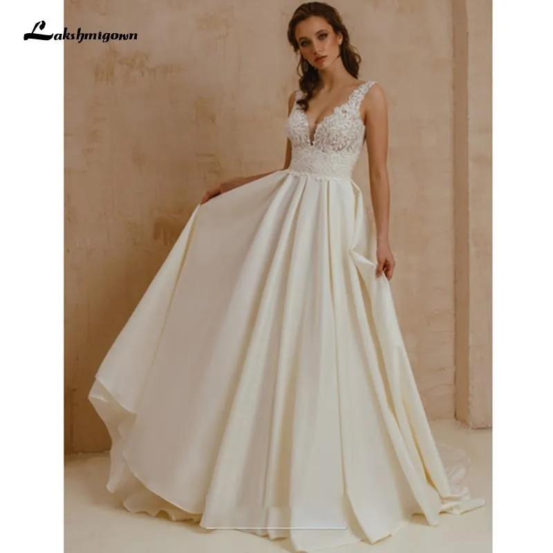 Sexy Boho V-Neck Satin Wedding Gown Ivory Lace