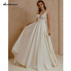 Sexy Boho V-Neck Satin Wedding Gown Ivory Lace