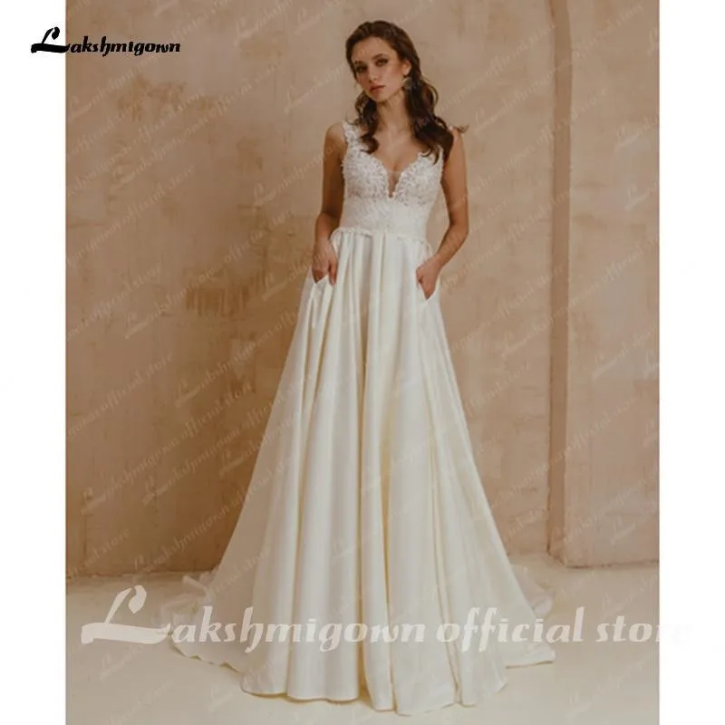 Sexy Boho V-Neck Satin Wedding Gown Ivory Lace