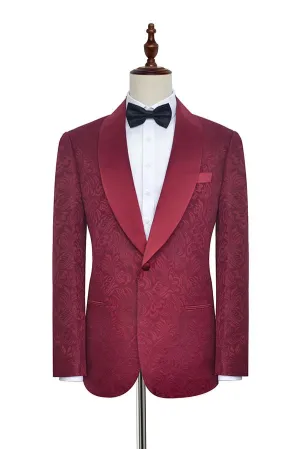 Sharp-looking Burgundy Jacquard One Button Silk Shawl Lapel Mens Suits for Wedding and Prom