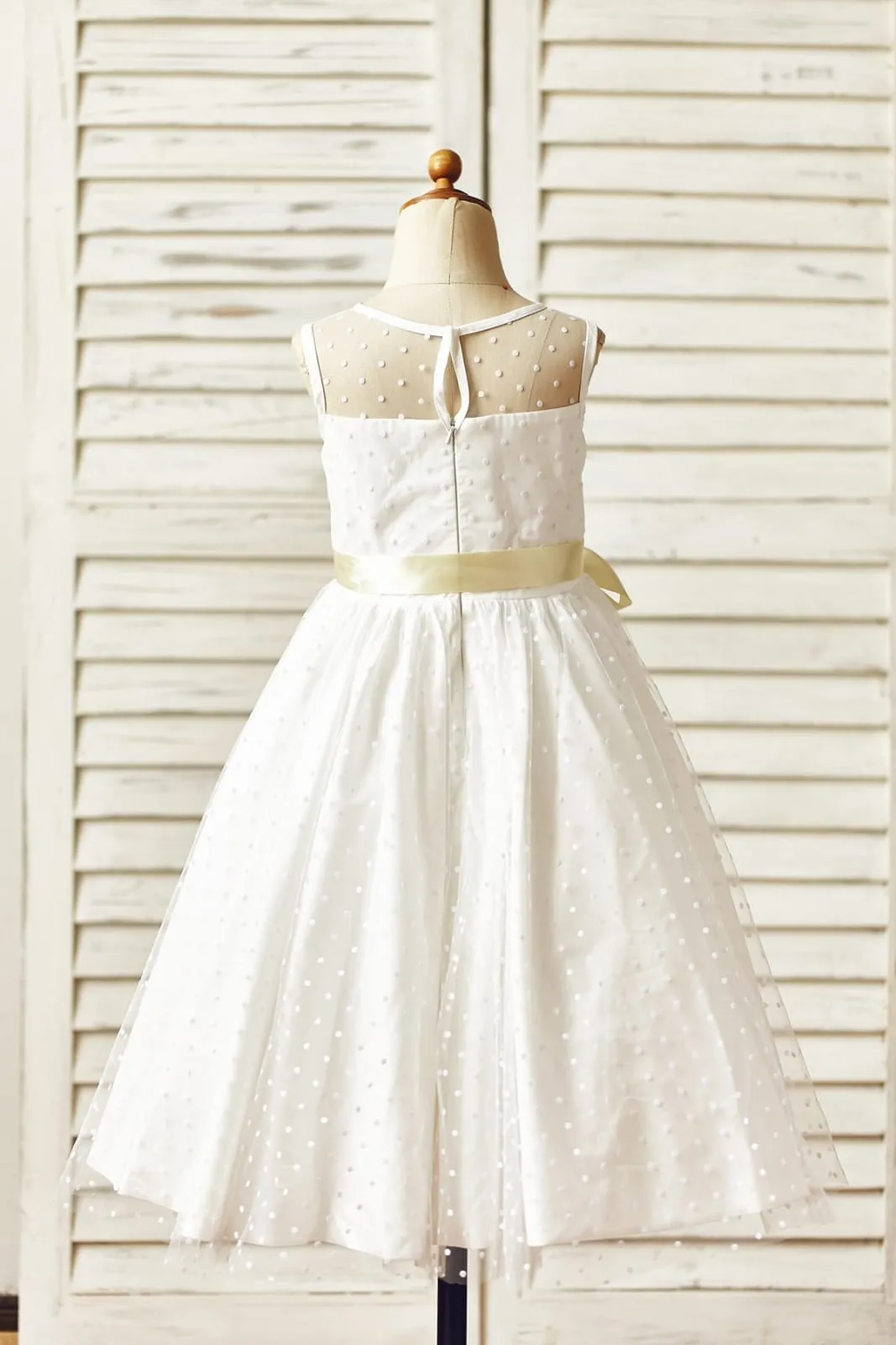 Sheer Neck Polka Dot Tulle Flower Girl Dress, Champagne Sash