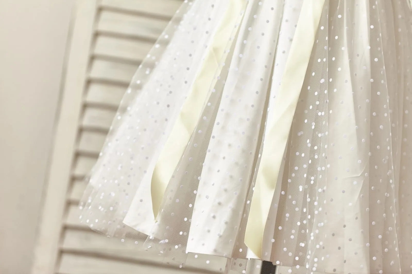 Sheer Neck Polka Dot Tulle Flower Girl Dress, Champagne Sash