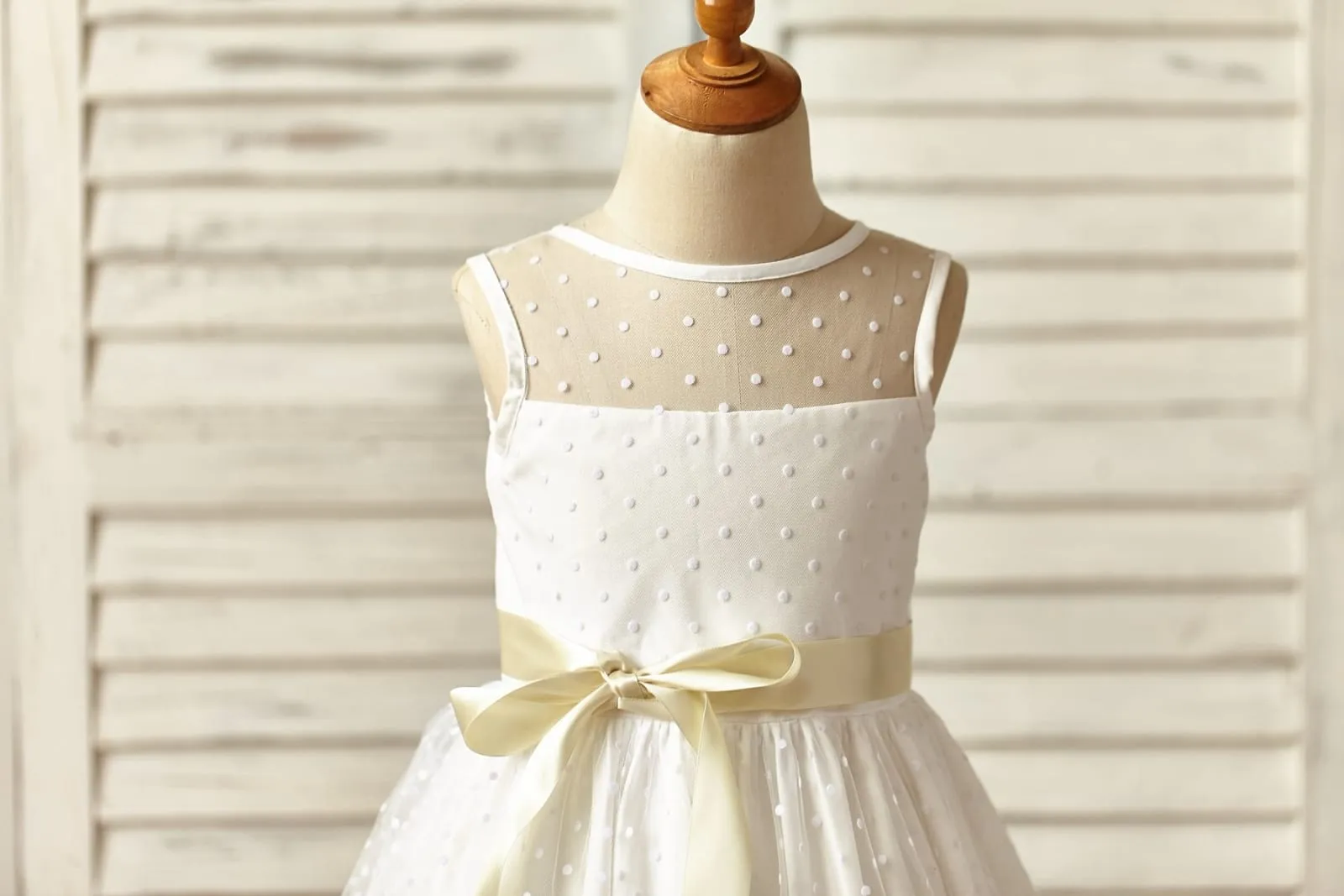 Sheer Neck Polka Dot Tulle Flower Girl Dress, Champagne Sash