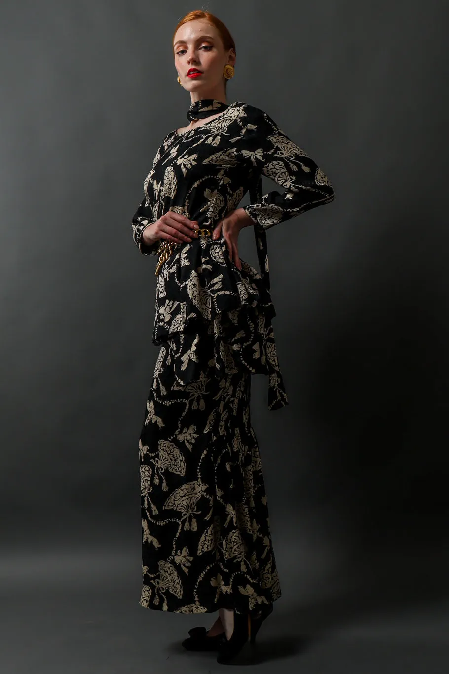Silk Fan Print Top & Skirt Set