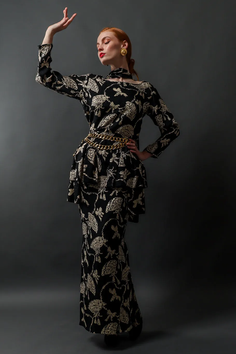 Silk Fan Print Top & Skirt Set