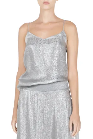 Silver Metallic Silk Blend V Cami Top
