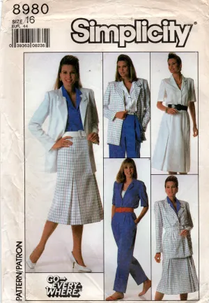 Simplicity 8980 Womens GO EVERYWHERE  Retro Jacket Blouse Skirt & Pants 1980s Vintage Sewing Pattern Size 16 UNCUT Factory Folded