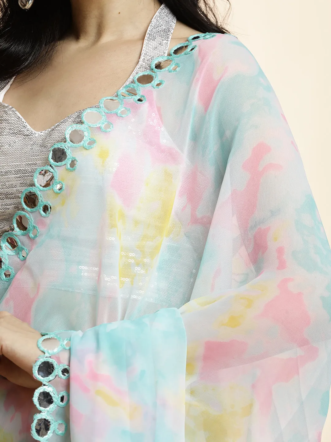 Sky Blue Tie-Dye Mirror Work Pure Georgette Saree