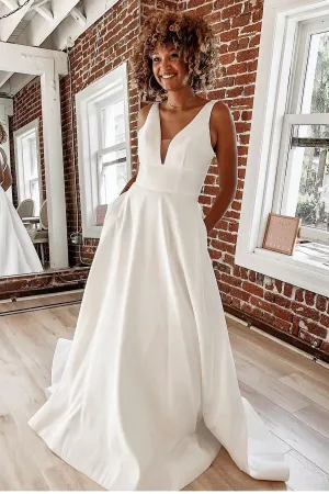 Sleeveless A-line Satin Wedding Dress for Bride 2021