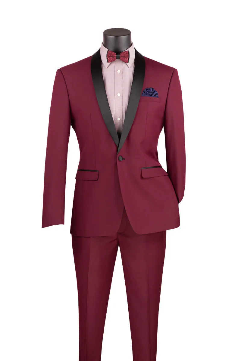 Slim Fit 2 Piece 1 Button Shawl Collar Tuxedo Burgundy T-SS