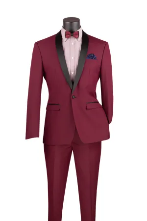 Slim Fit 2 Piece 1 Button Shawl Collar Tuxedo Burgundy T-SS