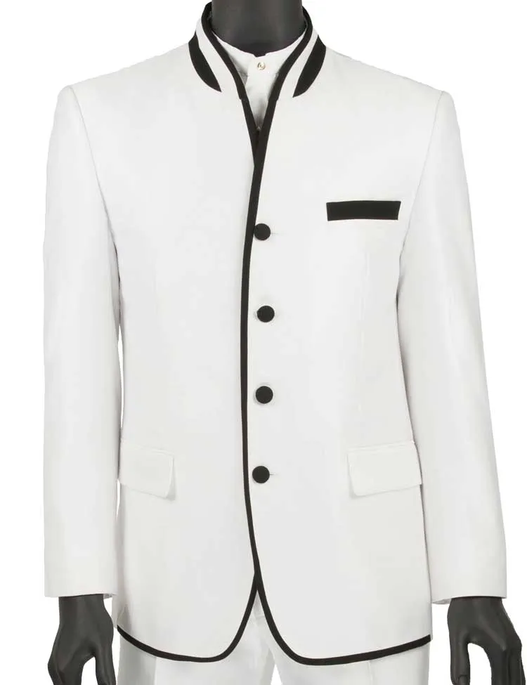 Slim Fit Banded Collar Shiny Sharkskin 2 Piece Suit (White) S4HT-1