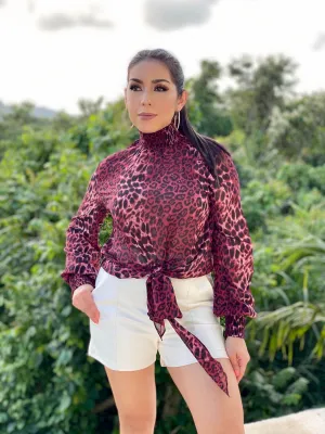 Smocked Neck Leopard Blouse