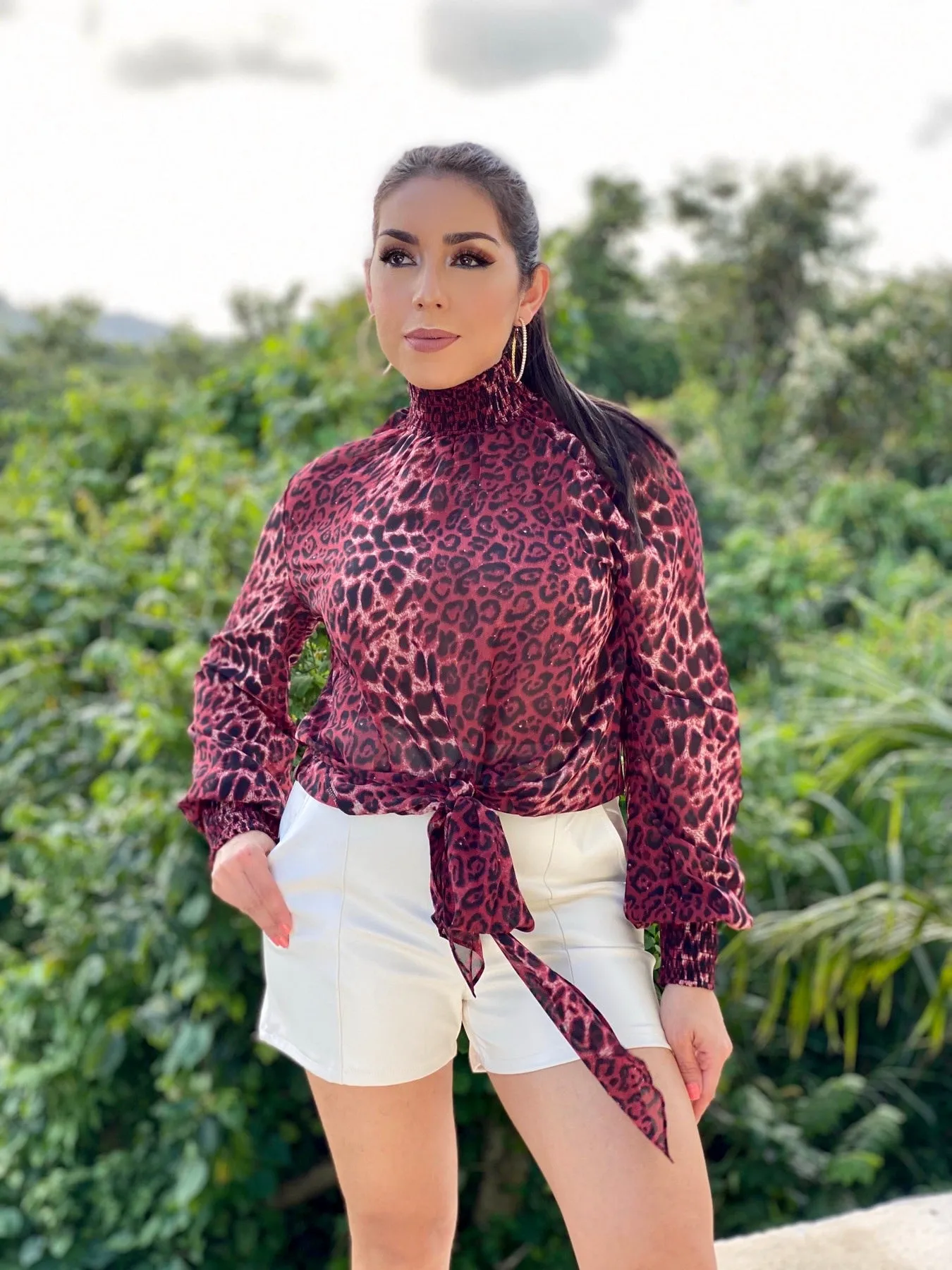 Smocked Neck Leopard Blouse