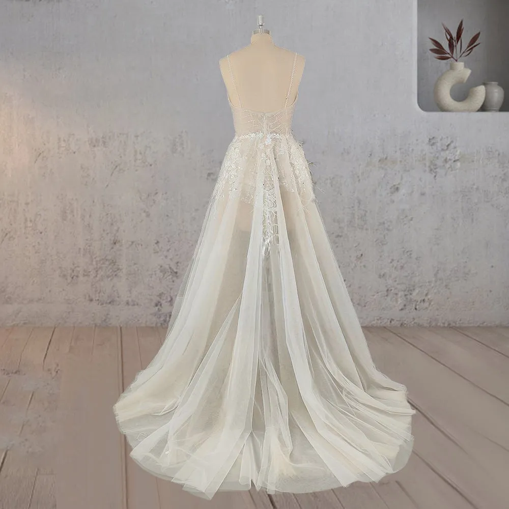 Spaghetti Straps Appliqued Lace Wedding Dress with Feathers