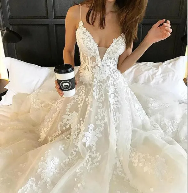 Spaghetti Straps Beach Wedding Dress, Boho Bridal Gown with Appliques Lace,MW340