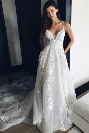Spaghetti Straps Beach Wedding Dress, Boho Bridal Gown with Appliques Lace,MW340