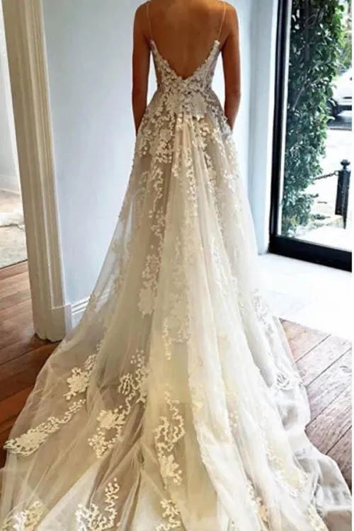 Spaghetti Straps Beach Wedding Dress, Boho Bridal Gown with Appliques Lace,MW340